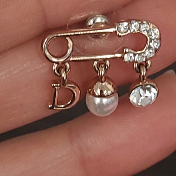 Gold Tone Safety Pin Stud Earrings with Crystal & Faux Pearl - Picture 3 of 11